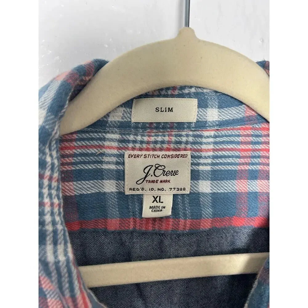 J Crew Slim Fit Flannel Camp Shirt Button Up Plaid Long Sleeve Mens Sz XL